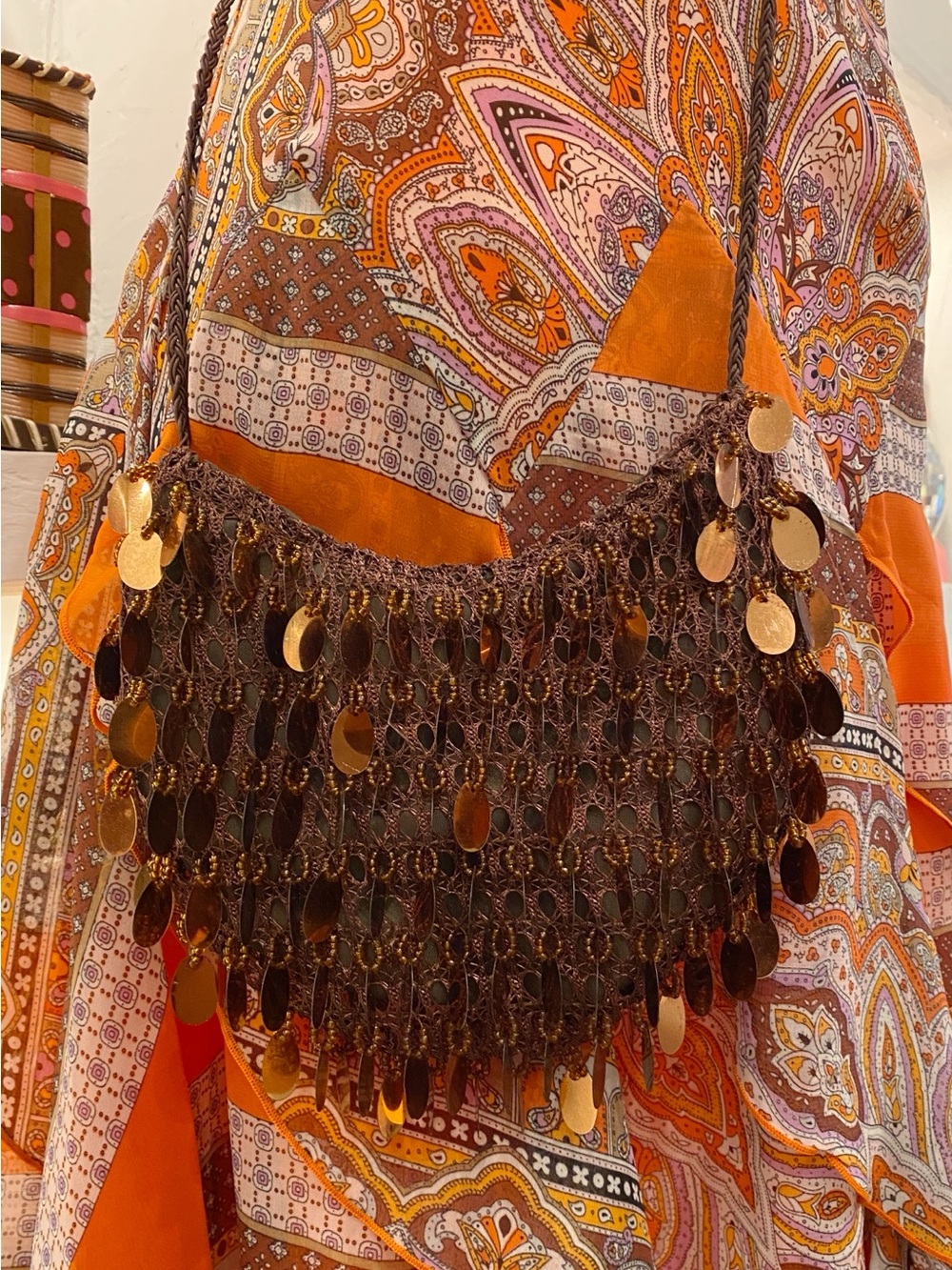 Brown Crochet Crossbody Purse with Large Sequins and Zippered Pouch